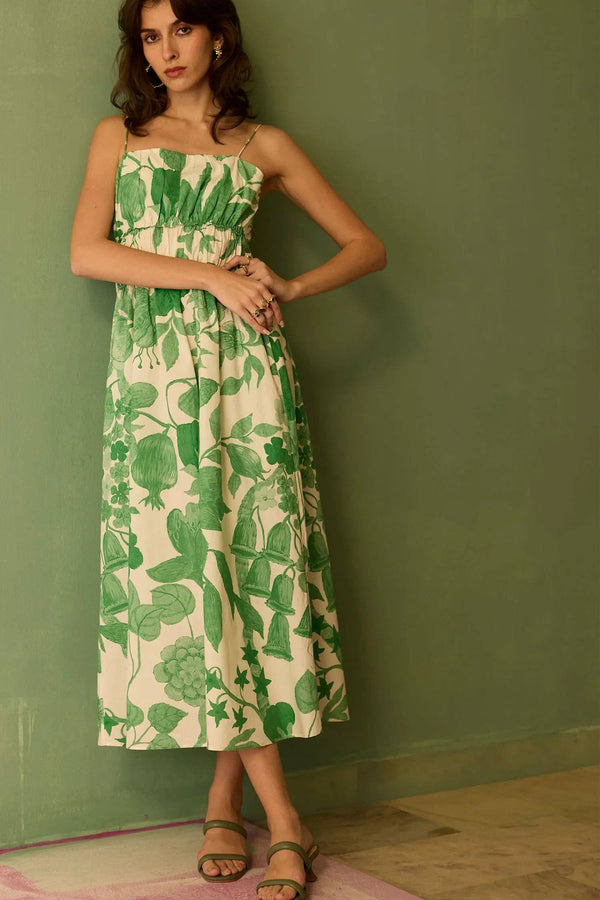 Hibiscus Anaar Smocked Bodice Maxi Dress - Fern-Blue Hand Home