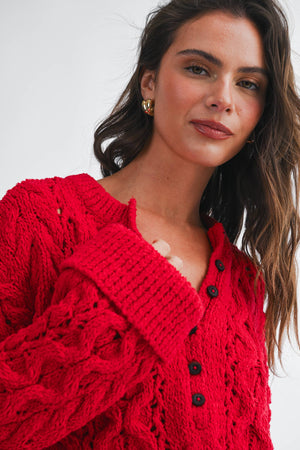 3463hk Textured Cropped Henley Knit Sweater