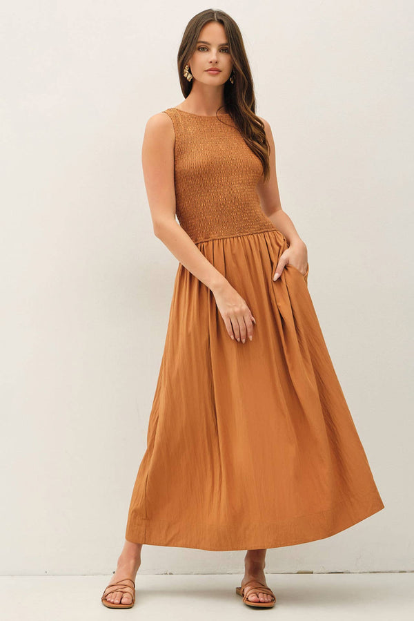 Smocked Bodice Boatneck Tank Midi Dress-Blue Hand Home