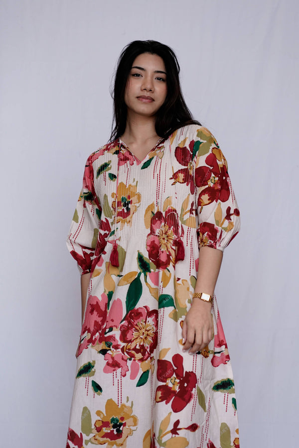 Romantic Garden Midi Dress - Red-Mustard