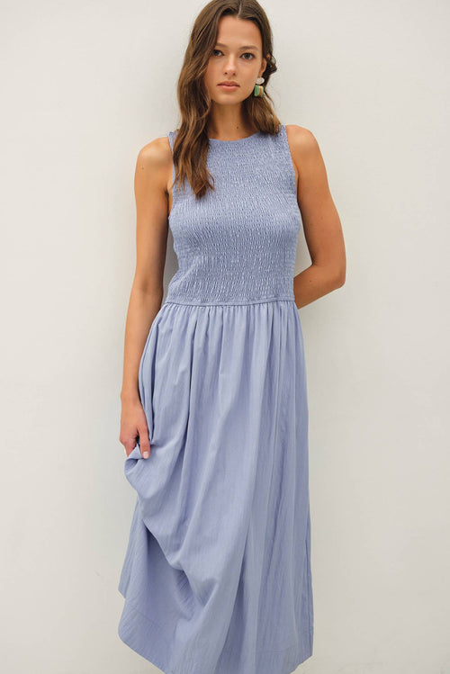 Smocked Bodice Boatneck Tank Midi Dress-Blue Hand Home