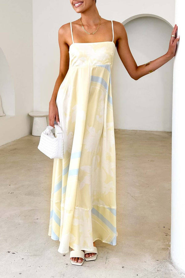 2025 Tropical botanical Floral thin strap flare swing dress-Blue Hand Home