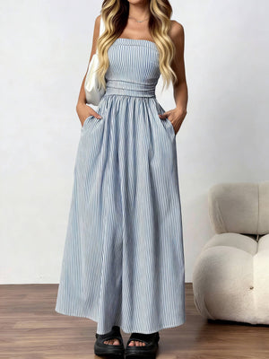 Effortless vibe Pinstripe strapless A-line skirt maxi dress-Blue Hand Home