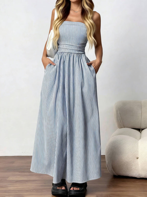 Effortless vibe Pinstripe strapless A-line skirt maxi dress-Blue Hand Home