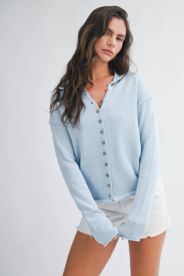 5221HK Button Front Cropped Knit Cardigan-Blue Hand Home