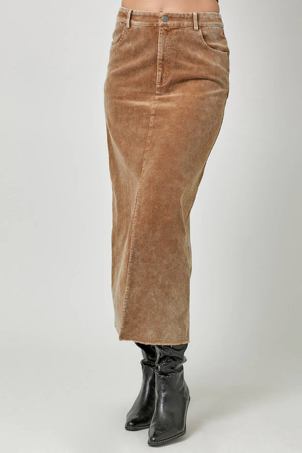 60742 Washed Front Slit Corduroy Skirt-Blue Hand Home