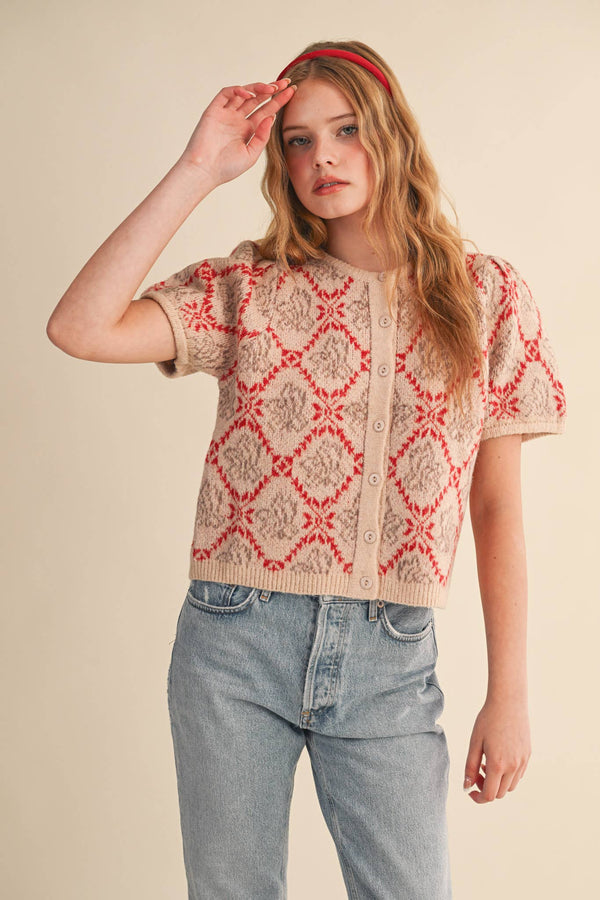 FLORAL SHORT SLEEVE SWEATER CARDIGAN MSW11258-Blue Hand Home