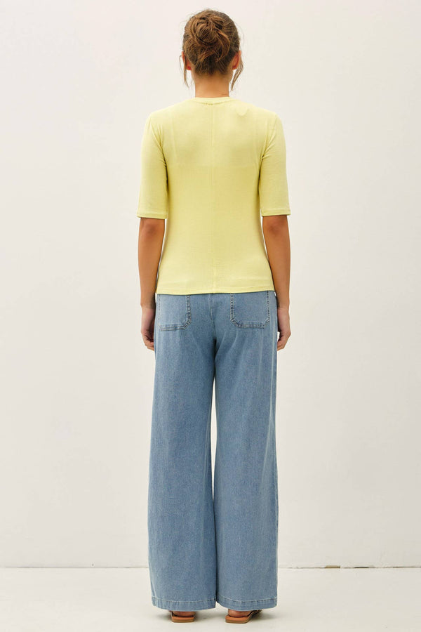 KNIT DENIM WIDE LEG PULL ON PANTS-Blue Hand Home