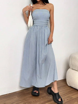 Effortless vibe Pinstripe strapless A-line skirt maxi dress-Blue Hand Home