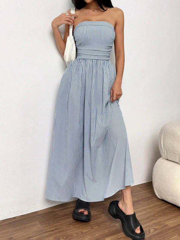 Effortless vibe Pinstripe strapless A-line skirt maxi dress-Blue Hand Home