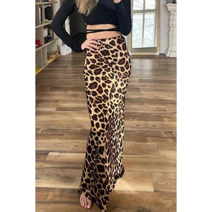 Vintage Leopard Print Satin High Waist Midi Skirt-Blue Hand Home