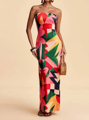 Tropical Floral Print Strapless Maxi Dress Tube Dress-Blue Hand Home