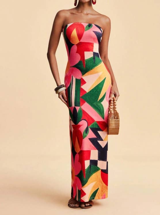 Tropical Floral Print Strapless Maxi Dress Tube Dress-Blue Hand Home
