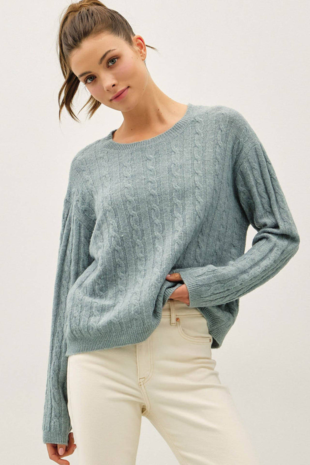OVERSIZED BOXY CUT CABLE KNIT SWEATER-Blue Hand Home