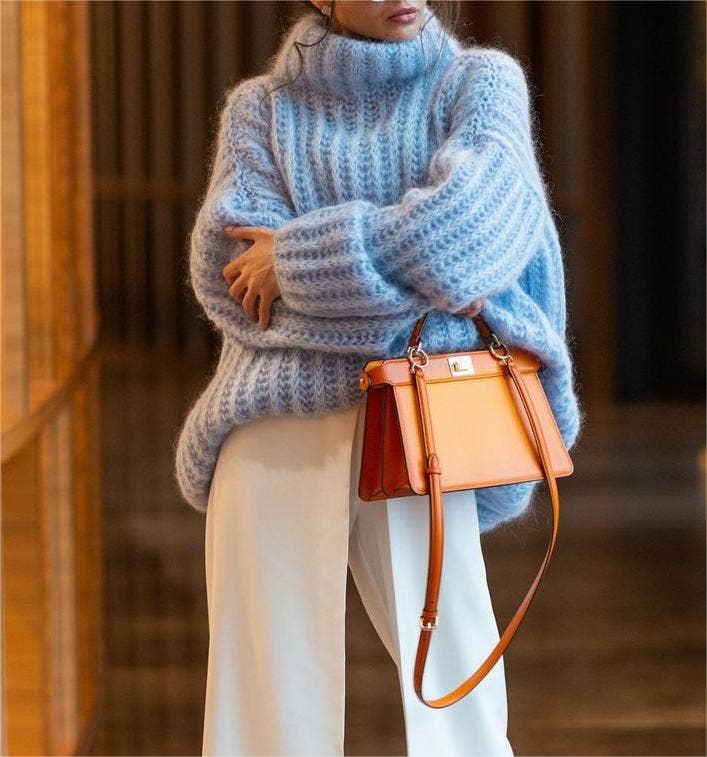 Knitted fluffy turtleneck sweater-Blue Hand Home