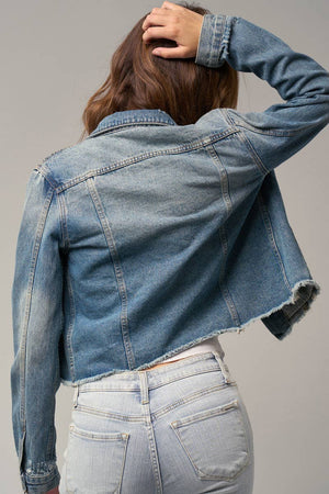 Flap Pockets Raw Hem Denim Jacket-Blue Hand Home