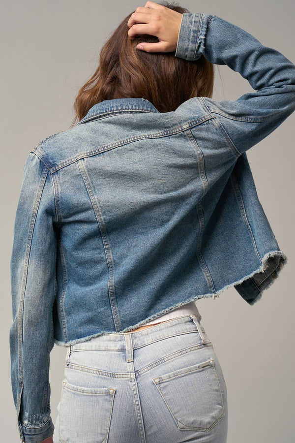 Flap Pockets Raw Hem Denim Jacket-Blue Hand Home