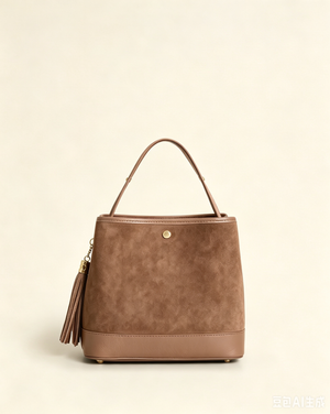 Large Suede Bucket Bag With Genuine Leather Details