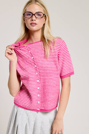 Striped Short Sleeve Button Cardigan-Blue Hand Home