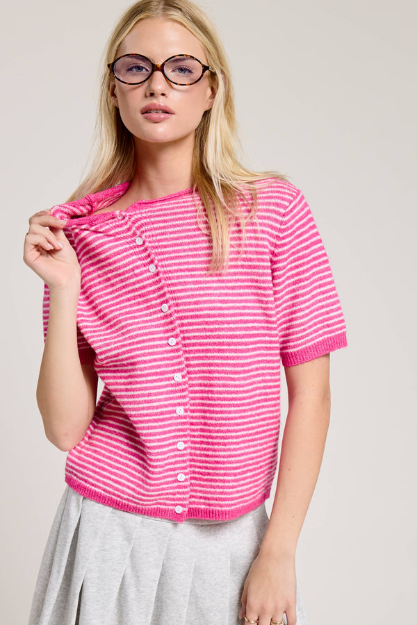 Striped Short Sleeve Button Cardigan-Blue Hand Home