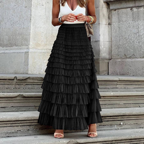 Elastic waist ruffle tulle maxi skirt-Blue Hand Home