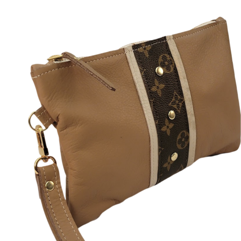 Cathy Wristlet In Mocha Mousse Leather | Upcycled LV-Blue Hand Home