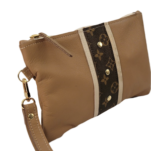Cathy Wristlet In Mocha Mousse Leather | Upcycled LV-Blue Hand Home