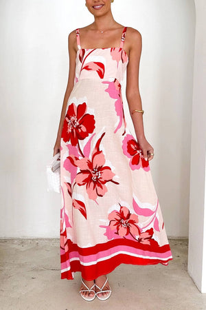 2025 summer Tropical hibiscus floral print flare swing dress-Blue Hand Home