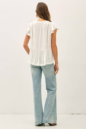 TIE FRONT RUFFLE SLEEVE TOP-Blue Hand Home