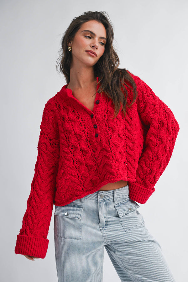 3463hk Textured Cropped Henley Knit Sweater