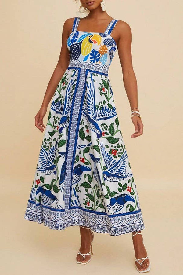 Boho Tropical Birdie Blue Floral Print Strappy Flare Dress-Blue Hand Home