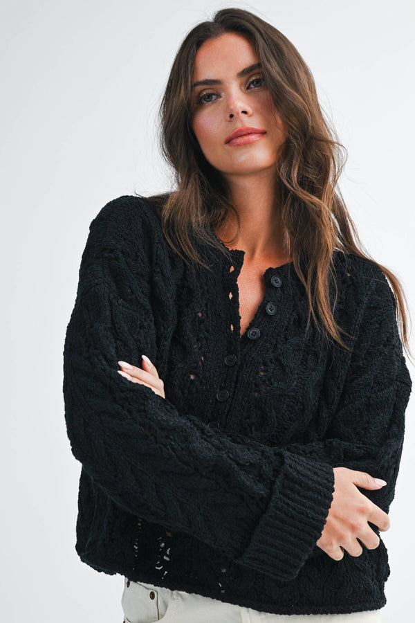 3463hk Textured Cropped Henley Knit Sweater