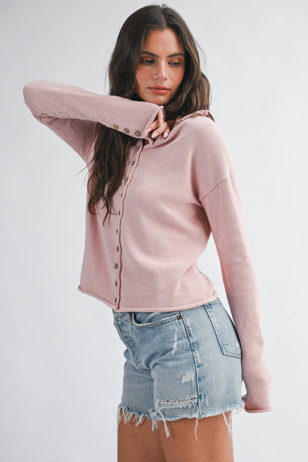 5221HK Button Front Cropped Knit Cardigan-Blue Hand Home