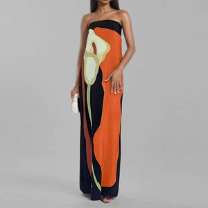 Calla Lily Print Strapless Maxi Dress-Blue Hand Home
