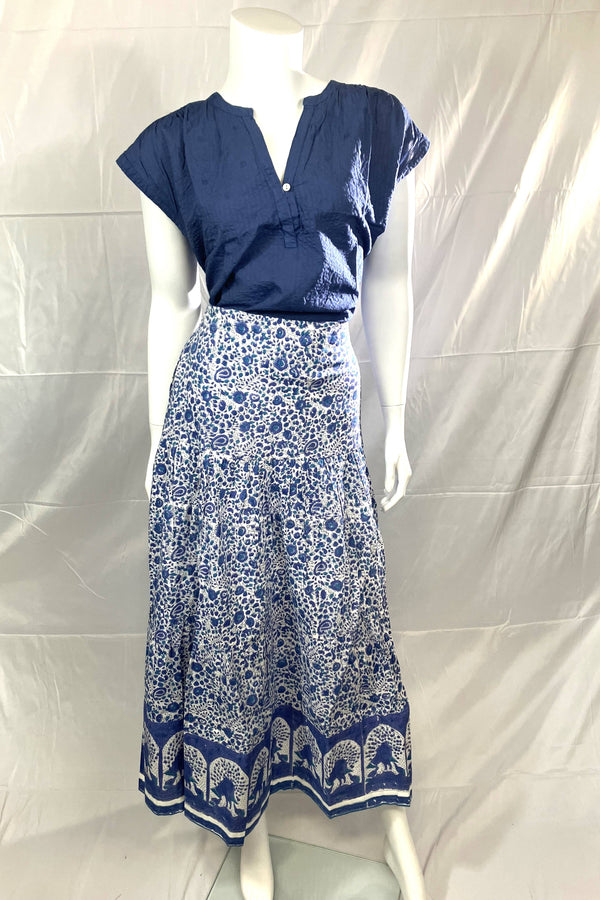 Hand Printed Tiered Cotton Skirt-Blue White-Blue Hand Home