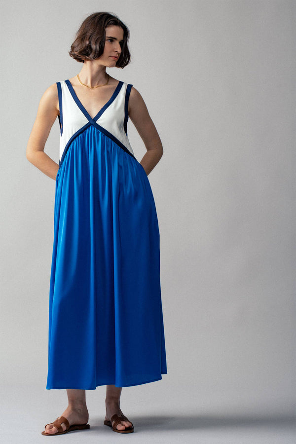 Contrast Piping Empire Waist Dress-Blue Hand Home