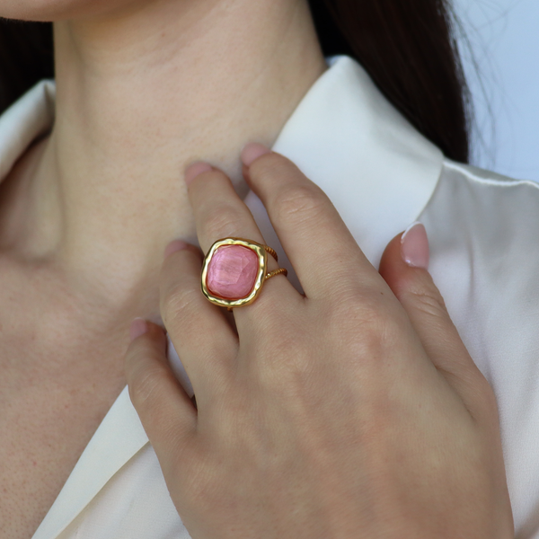 Bezel Iridescent Glass Ring  - 24K Gold Plated