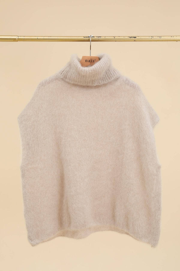 80% Kid Mohair Turtleneck Poncho Sweater: Kaki / One Size-Blue Hand Home