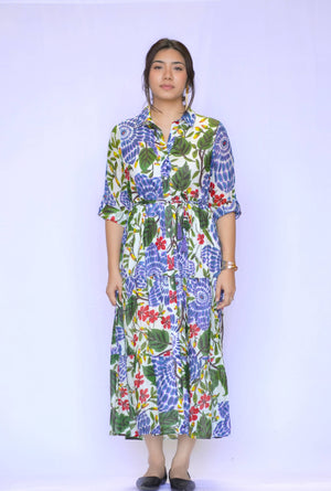 Cotton Tiered Shirt Dress-Blue Hand Home