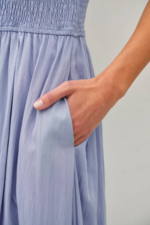 Smocked Bodice Boatneck Tank Midi Dress-Blue Hand Home