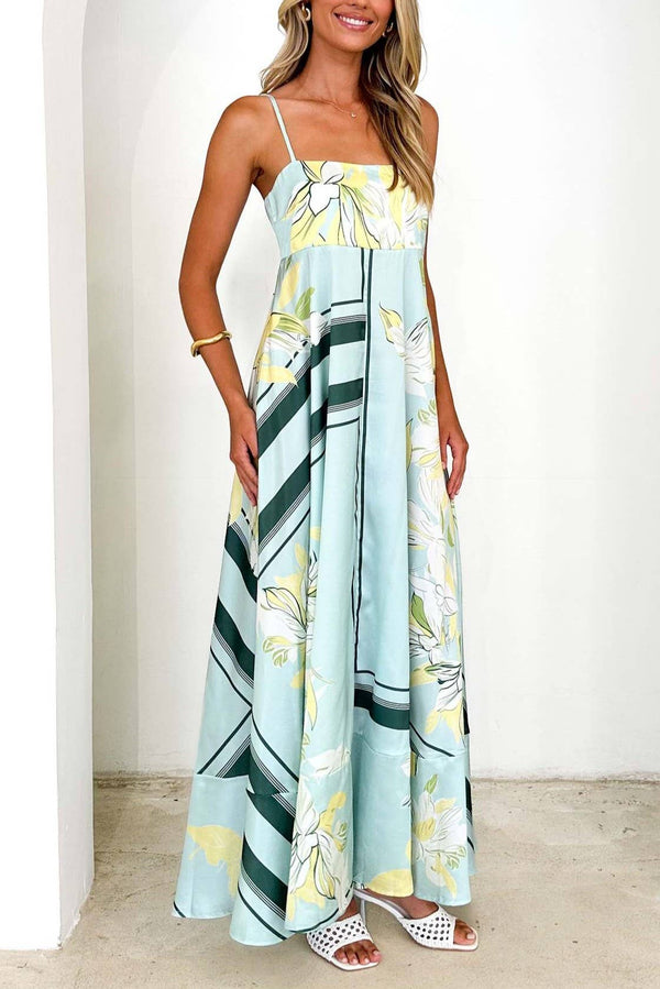 2025 Tropical botanical Floral thin strap flare swing dress-Blue Hand Home