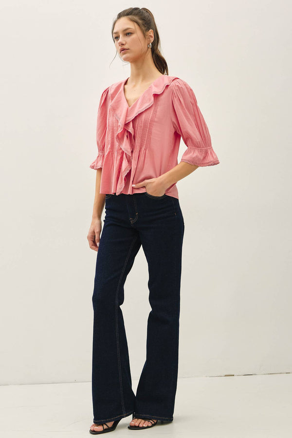 Vintage Ruffled Pintuck Blouse Top-Blue Hand Home