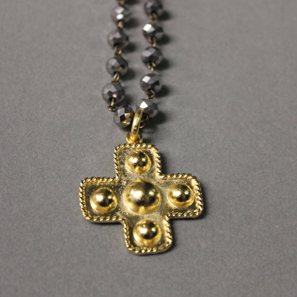 N133P Pearl Rosary Chain with Large 10-inch Gold Cross.-Blue Hand Home