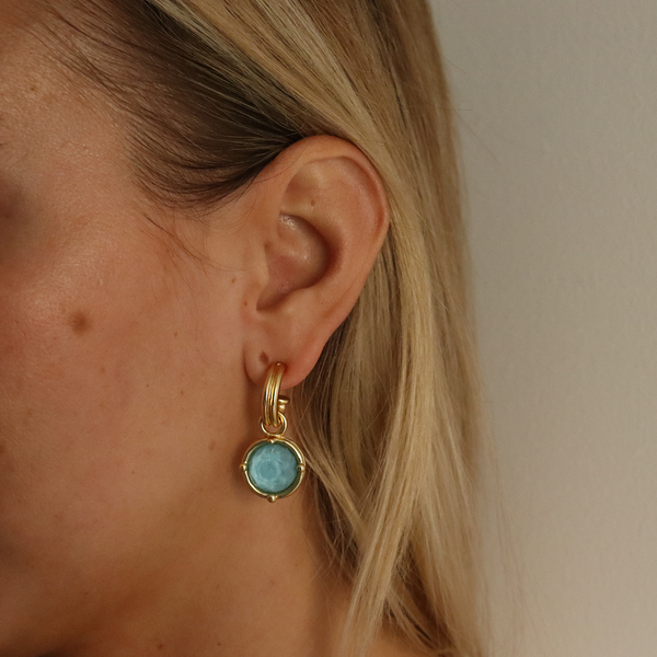 Double-Rim Gem Charm Hoop Earrings - 24K Gold Plated-Blue Hand Home