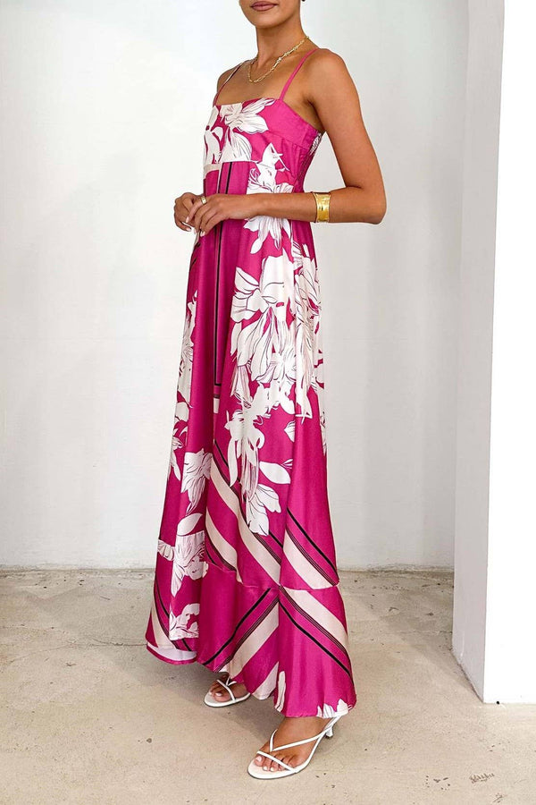 2025 Tropical botanical Floral thin strap flare swing dress-Blue Hand Home