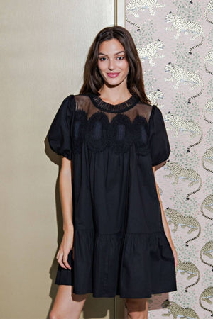 Bubble Sleeve Crochet Lace Babydoll Dress-Blue Hand Home