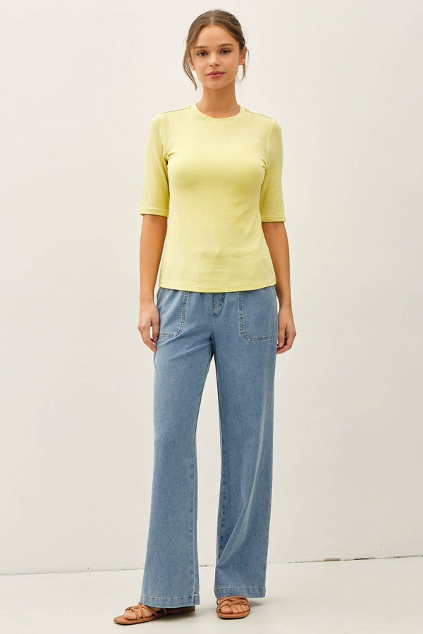KNIT DENIM WIDE LEG PULL ON PANTS-Blue Hand Home