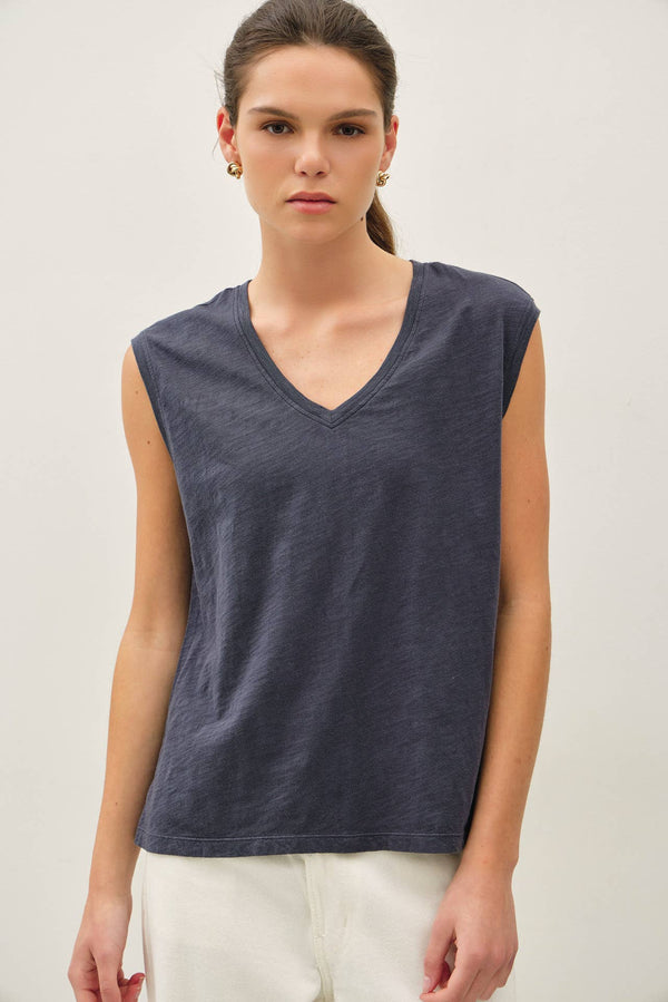 GARMENT DYE COTTON SLUB V-NECK BOXY TANK TEE-Blue Hand Home