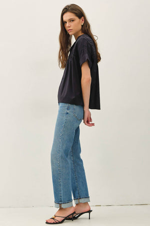 EYELET LACED OVERSIZE DOLMAN SLEEVE TOP-Blue Hand Home