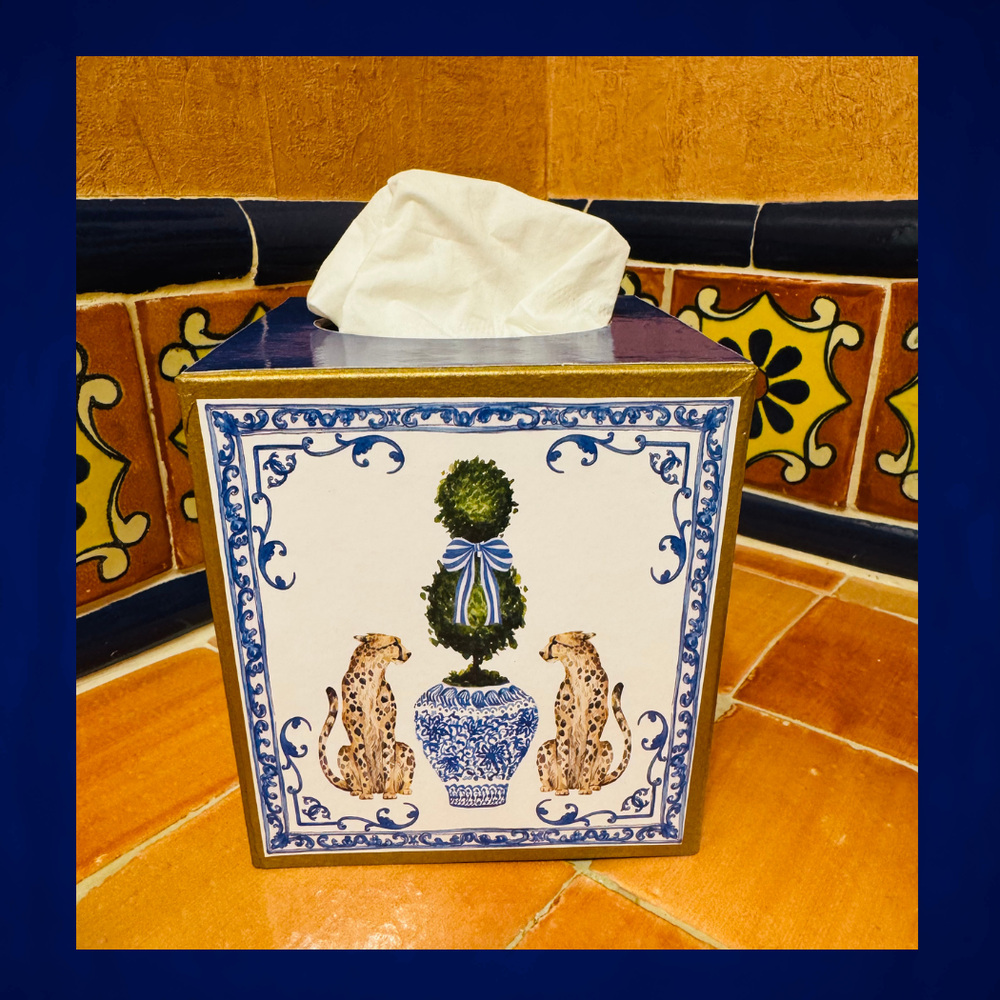 Paper mache Kleenex box with leopards and chinoiserie-Blue Hand Home